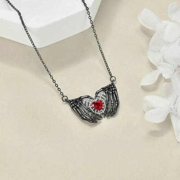 NEW Gothic Skeleton Hands Heart Necklace – Black Pendant with Red Crystal - Picture 3 of 4